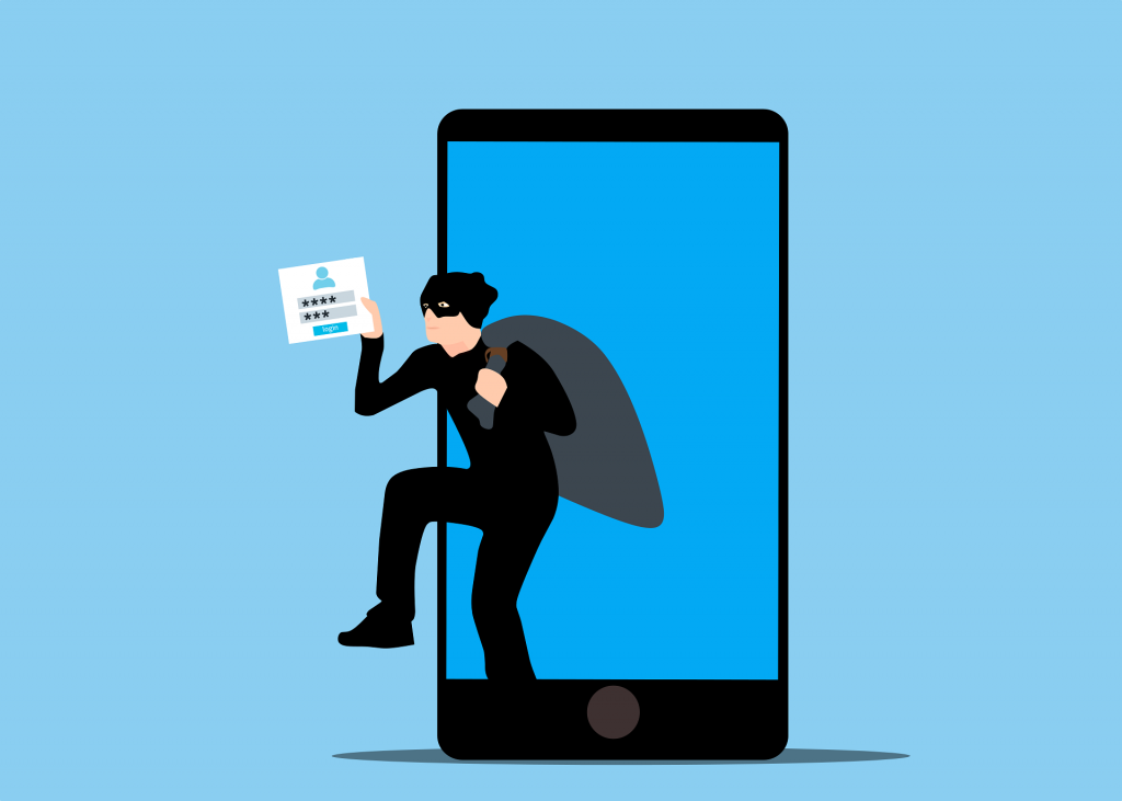 Hacker stepping out of a smartphone holding stolen login credentials